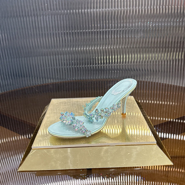 RENE CAOVILLA 26S HEEL SANDALS 75 MM IN ICE BLUE LAMBSKIN WITH CRYSTAL