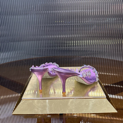 RENE CAOVILLA 26S HEEL SANDALS 75 MM IN PURPLE LAMBSKIN WITH CRYSTAL