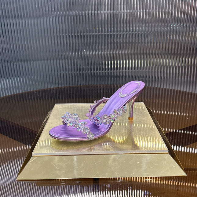 RENE CAOVILLA 26S HEEL SANDALS 75 MM IN PURPLE LAMBSKIN WITH CRYSTAL