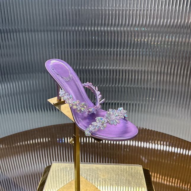 RENE CAOVILLA 26S HEEL SANDALS 75 MM IN PURPLE LAMBSKIN WITH CRYSTAL