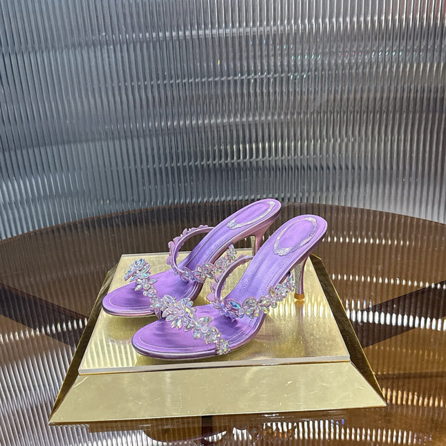 RENE CAOVILLA 26S HEEL SANDALS 75 MM IN PURPLE LAMBSKIN WITH CRYSTAL