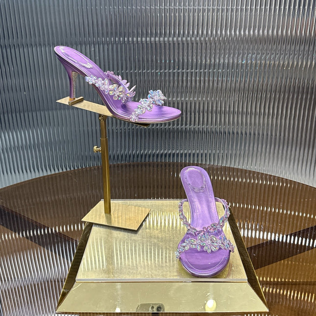 RENE CAOVILLA 26S HEEL SANDALS 75 MM IN PURPLE LAMBSKIN WITH CRYSTAL