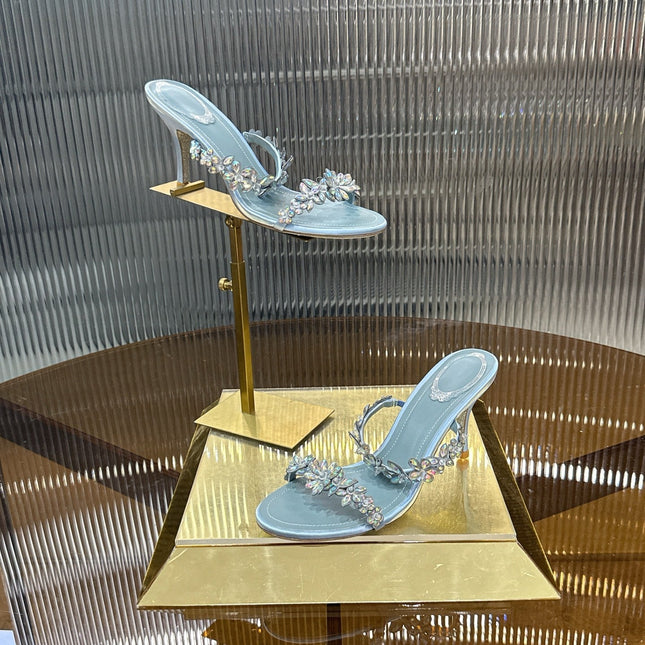RENE CAOVILLA 26S HEEL SANDALS 75 MM IN PASTEL BLUE LAMBSKIN WITH CRYSTAL