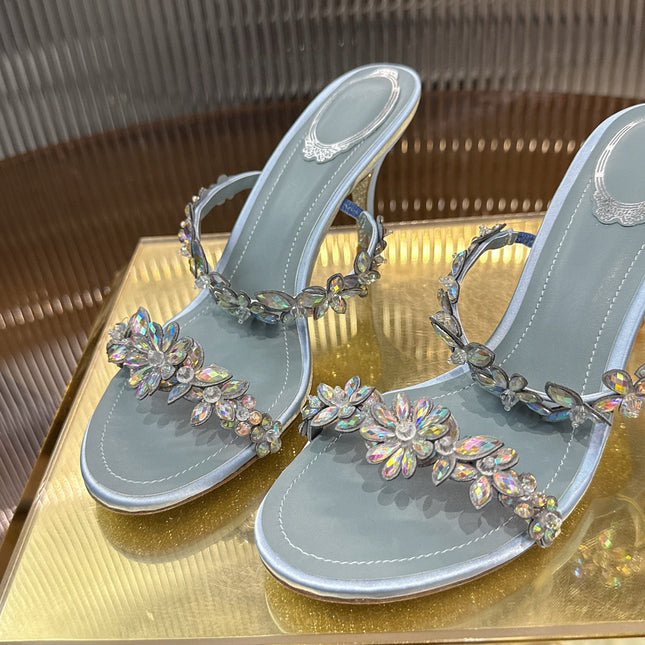 RENE CAOVILLA 26S HEEL SANDALS 75 MM IN PASTEL BLUE LAMBSKIN WITH CRYSTAL
