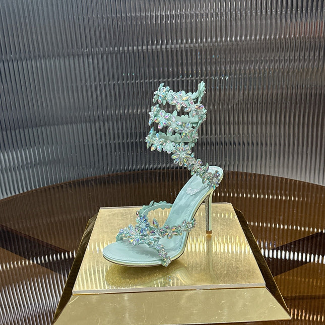 RENE CAOVILLA 26S HEELED SANDALS 100 MM IN PASTEL MINT GREEN LAMBSKIN