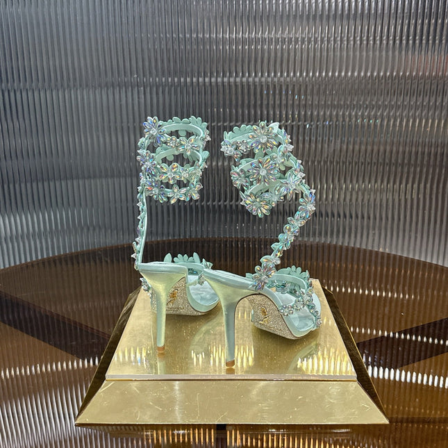 RENE CAOVILLA 26S HEELED SANDALS 100 MM IN PASTEL MINT GREEN LAMBSKIN