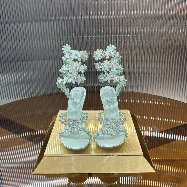 RENE CAOVILLA 26S HEELED SANDALS 100 MM IN PASTEL MINT GREEN LAMBSKIN