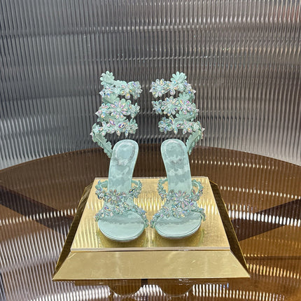 RENE CAOVILLA 26S HEELED SANDALS 100 MM IN PASTEL MINT GREEN LAMBSKIN