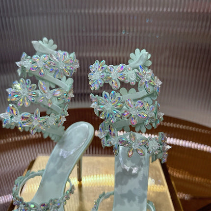 RENE CAOVILLA 26S HEELED SANDALS 100 MM IN PASTEL MINT GREEN LAMBSKIN
