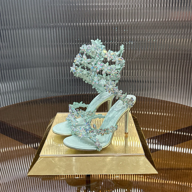 RENE CAOVILLA 26S HEELED SANDALS 100 MM IN PASTEL MINT GREEN LAMBSKIN