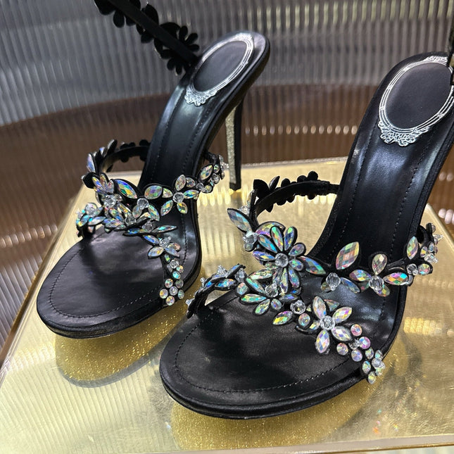 RENE CAOVILLA 26S HEELED SANDALS 100 MM IN BLACK LAMBSKIN