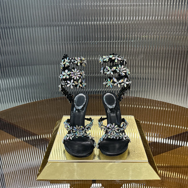 RENE CAOVILLA 26S HEELED SANDALS 100 MM IN BLACK LAMBSKIN