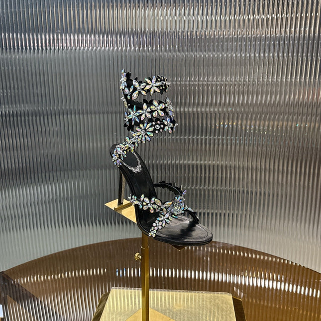 RENE CAOVILLA 26S HEELED SANDALS 100 MM IN BLACK LAMBSKIN