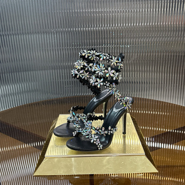 RENE CAOVILLA 26S HEELED SANDALS 100 MM IN BLACK LAMBSKIN