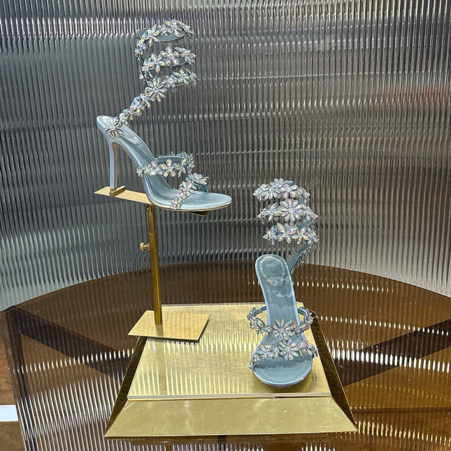 RENE CAOVILLA 26S HEELED SANDALS 100 MM IN LIGHT BLUE LAMBSKIN