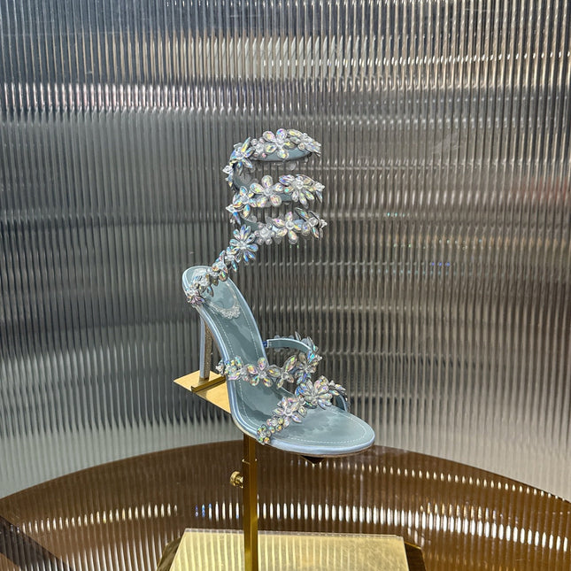 RENE CAOVILLA 26S HEELED SANDALS 100 MM IN LIGHT BLUE LAMBSKIN