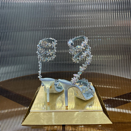 RENE CAOVILLA 26S HEELED SANDALS 100 MM IN LIGHT BLUE LAMBSKIN