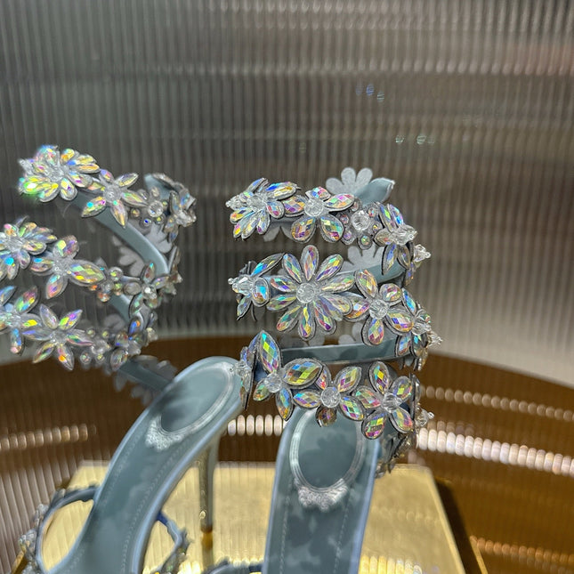 RENE CAOVILLA 26S HEELED SANDALS 100 MM IN LIGHT BLUE LAMBSKIN