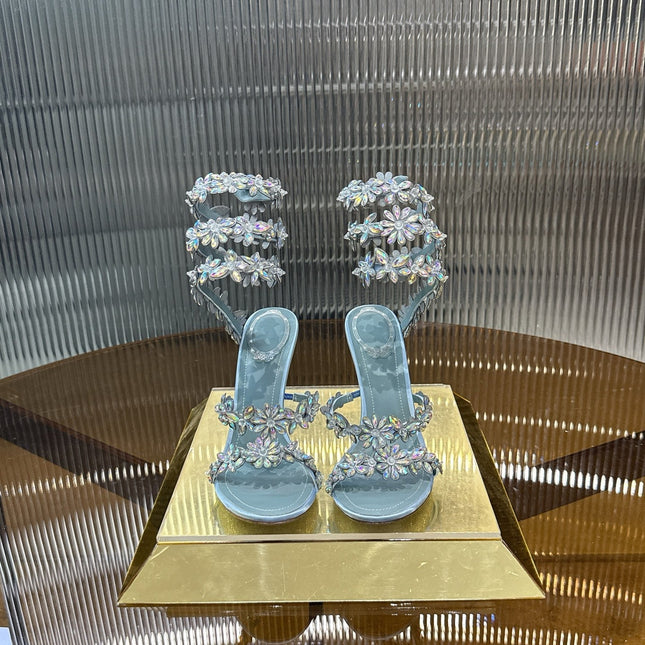 RENE CAOVILLA 26S HEELED SANDALS 100 MM IN LIGHT BLUE LAMBSKIN