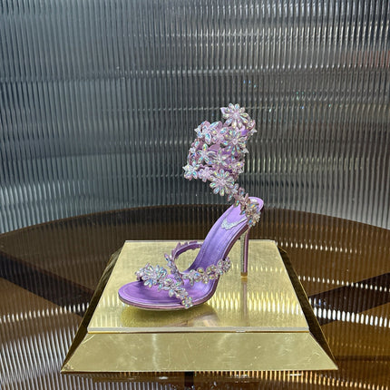 RENE CAOVILLA 26S HEELED SANDALS 100 MM IN PURPLE LAMBSKIN
