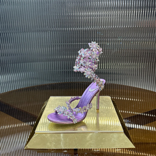 RENE CAOVILLA 26S HEELED SANDALS 100 MM IN PURPLE LAMBSKIN