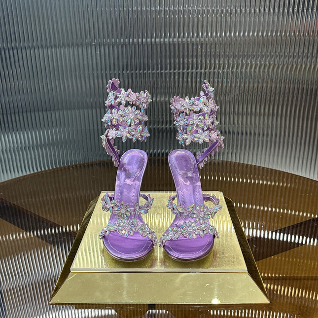 RENE CAOVILLA 26S HEELED SANDALS 100 MM IN PURPLE LAMBSKIN
