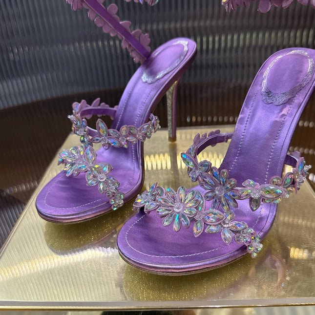 RENE CAOVILLA 26S HEELED SANDALS 100 MM IN PURPLE LAMBSKIN