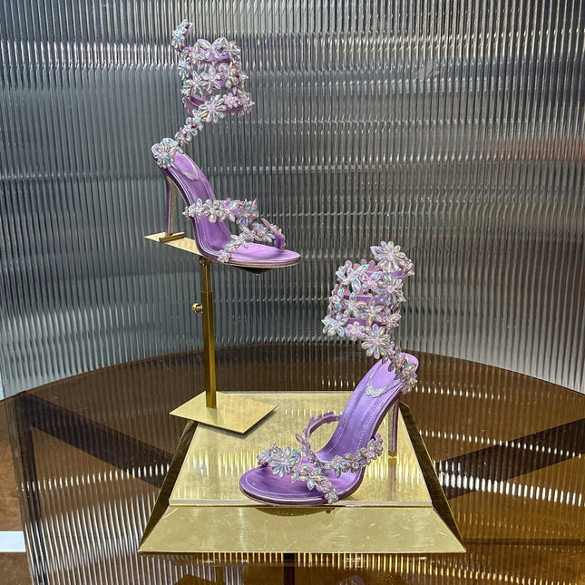RENE CAOVILLA 26S HEELED SANDALS 100 MM IN PURPLE LAMBSKIN