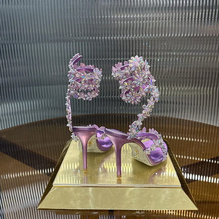 RENE CAOVILLA 26S HEELED SANDALS 100 MM IN PURPLE LAMBSKIN