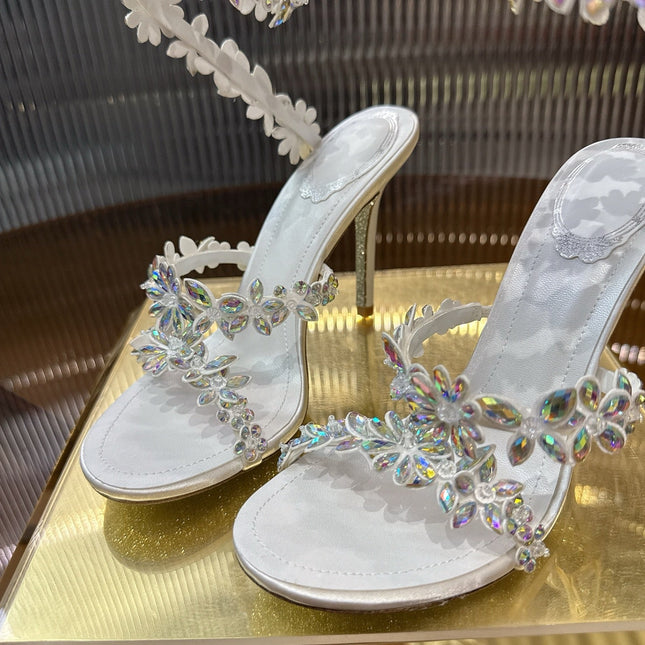 RENE CAOVILLA 26S HEELED SANDALS 100 MM IN WHITE LAMBSKIN