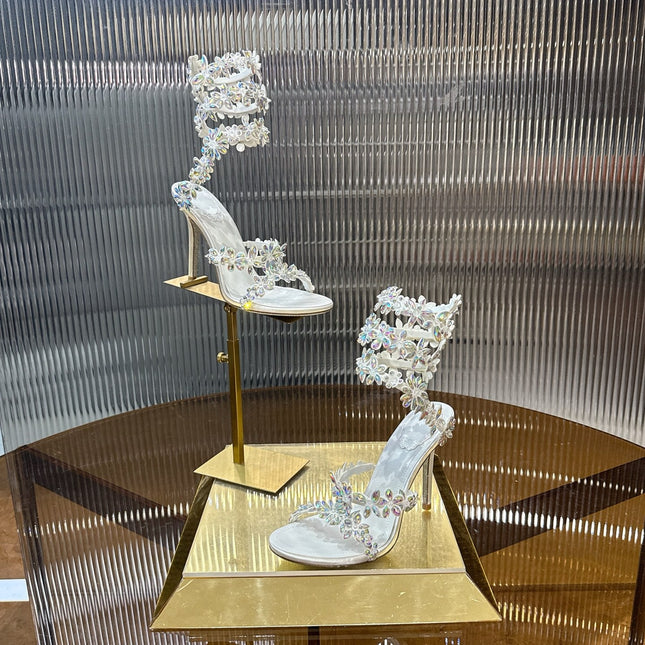 RENE CAOVILLA 26S HEELED SANDALS 100 MM IN WHITE LAMBSKIN