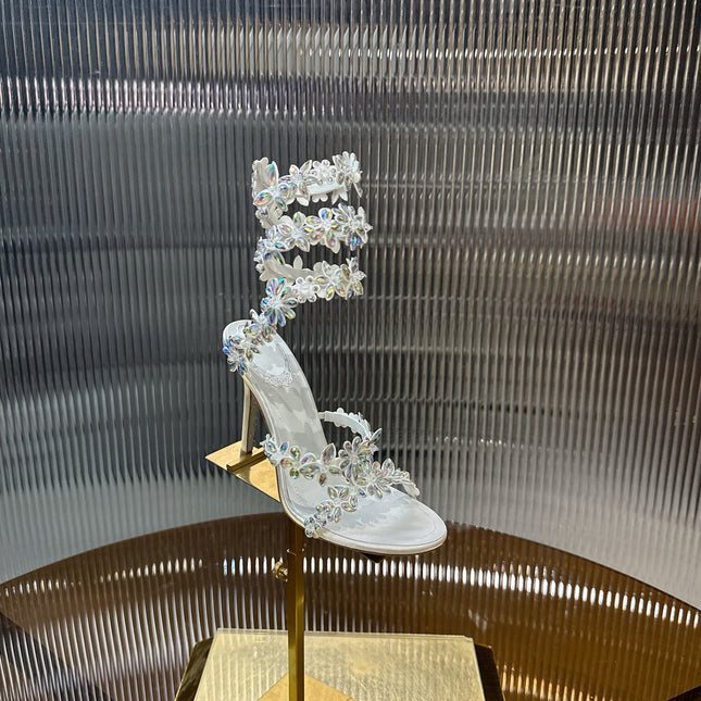 RENE CAOVILLA 26S HEELED SANDALS 100 MM IN WHITE LAMBSKIN