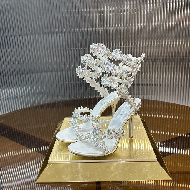 RENE CAOVILLA 26S HEELED SANDALS 100 MM IN WHITE LAMBSKIN