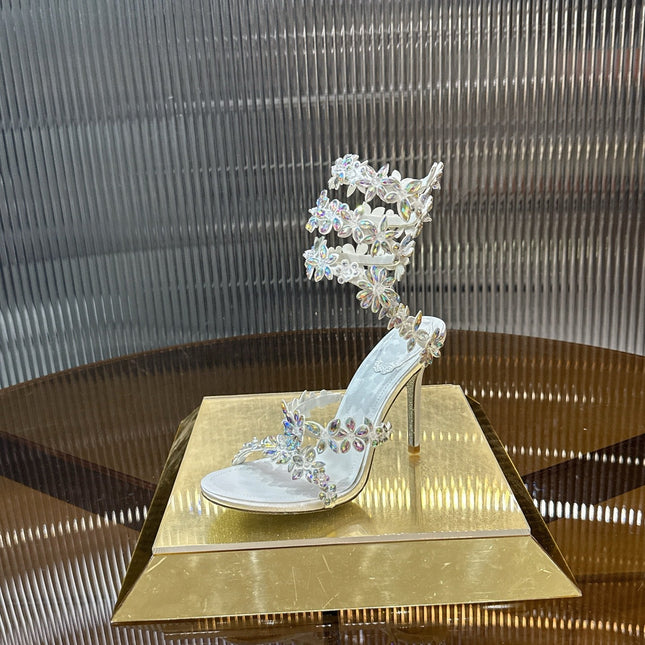 RENE CAOVILLA 26S HEELED SANDALS 100 MM IN WHITE LAMBSKIN