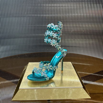 RENE CAOVILLA 26S HEELED SANDALS 100 MM IN JADE GREEN LAMBSKIN