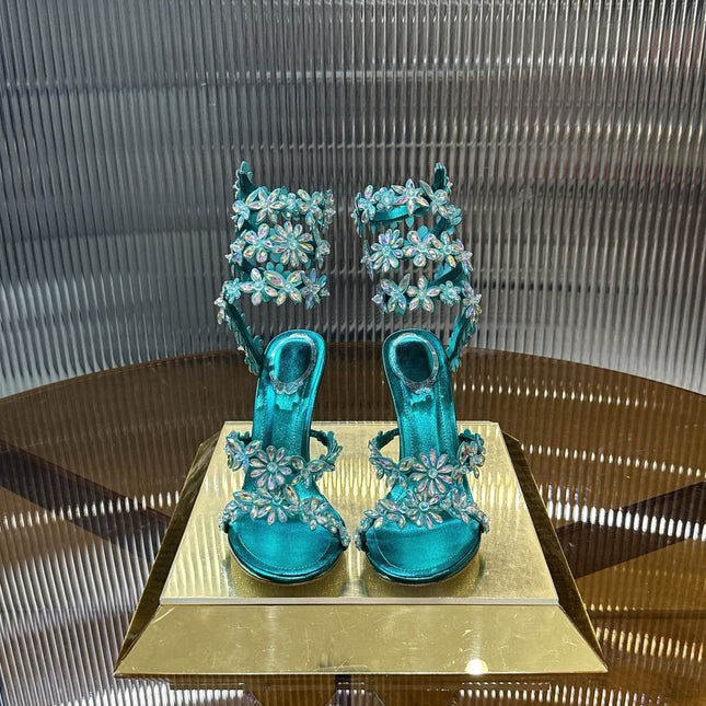 RENE CAOVILLA 26S HEELED SANDALS 100 MM IN JADE GREEN LAMBSKIN