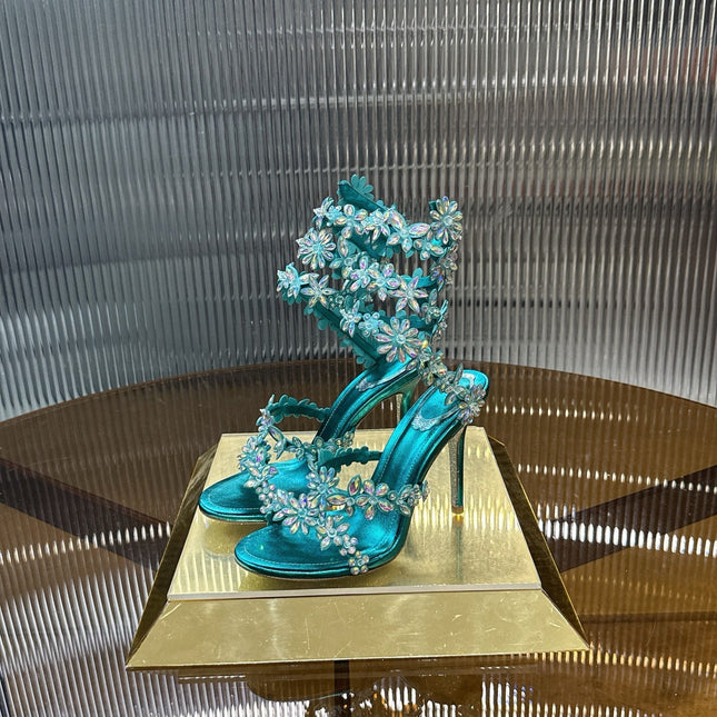 RENE CAOVILLA 26S HEELED SANDALS 100 MM IN JADE GREEN LAMBSKIN