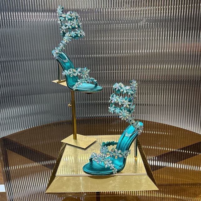 RENE CAOVILLA 26S HEELED SANDALS 100 MM IN JADE GREEN LAMBSKIN