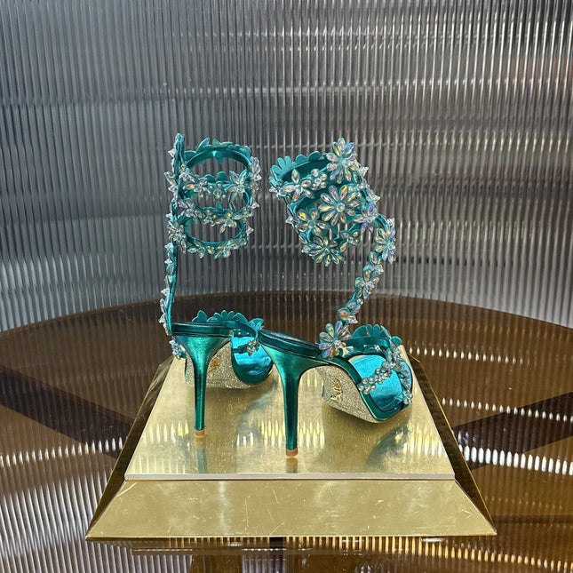 RENE CAOVILLA 26S HEELED SANDALS 100 MM IN JADE GREEN LAMBSKIN