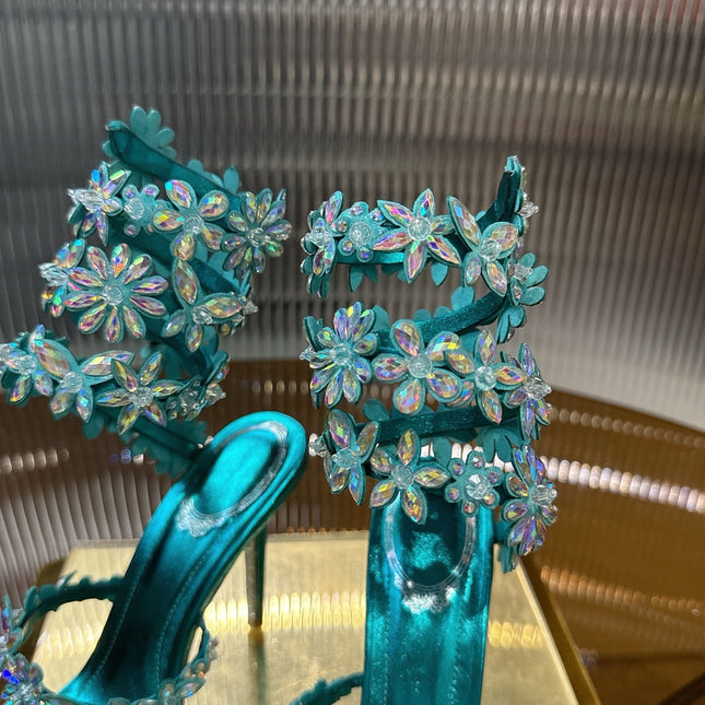 RENE CAOVILLA 26S HEELED SANDALS 100 MM IN JADE GREEN LAMBSKIN