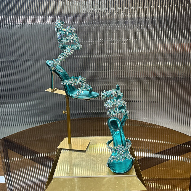 RENE CAOVILLA 26S HEELED SANDALS 100 MM IN JADE GREEN LAMBSKIN