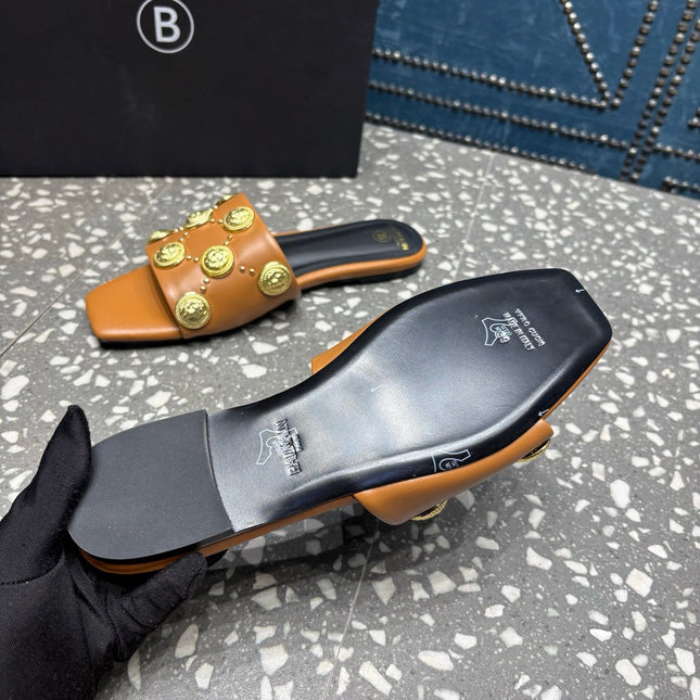 BALMAIN 26S SLIPPERS IN BROWN CALFSKIN WITH GOLD HARDWARE