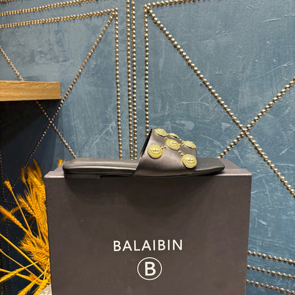 BALMAIN 26S SLIPPERS IN BLACK CALFSKIN WITH GOLD HARDWARE