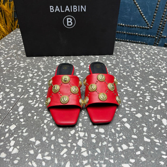 BALMAIN 26S SLIPPERS IN RED CALFSKIN WITH GOLD HARDWARE