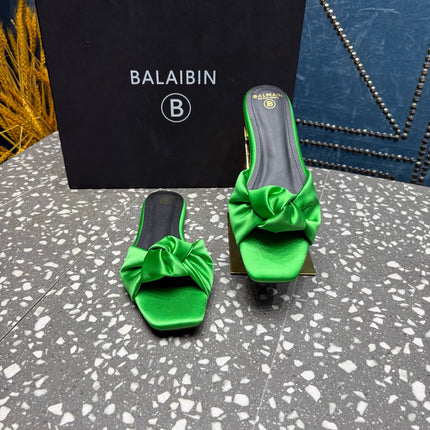 BALMAIN 26S SLIDES IN GREEN SATIN