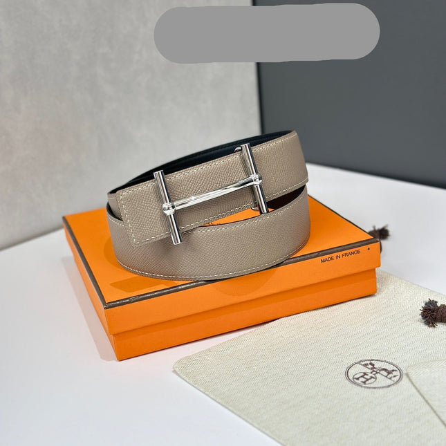HM 26S H DANCRE BELT IN TAUPE BROWN REVERSIBLE CALFSKIN PALLADIUM HARDWARE
