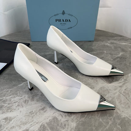 PRADA 25S METAL-CAPPED POINTED-TOE HIGH HEELS IN WHITE CALFSKIN