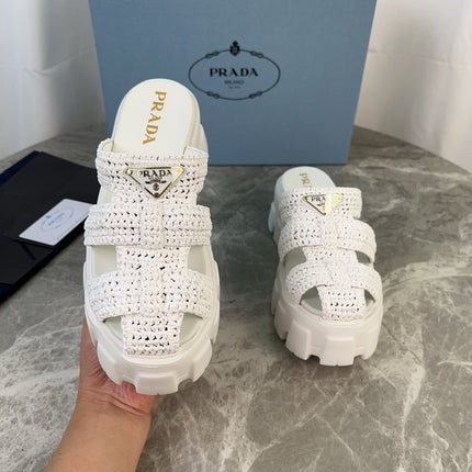 PRADA 25S MONOLITH RUBBER MULES IN WHITE RAFFIA AND LAMBSKIN