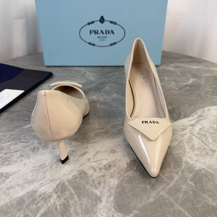 PRADA 25S POINTED-TOE HIGH HEELS 55 MM IN BEIGE GLOSSY LAMBSKIN