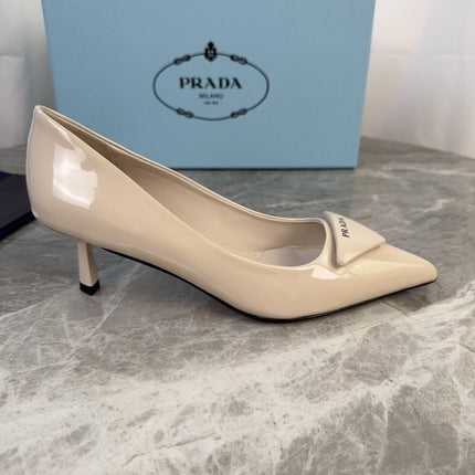 PRADA 25S POINTED-TOE HIGH HEELS 55 MM IN BEIGE GLOSSY LAMBSKIN